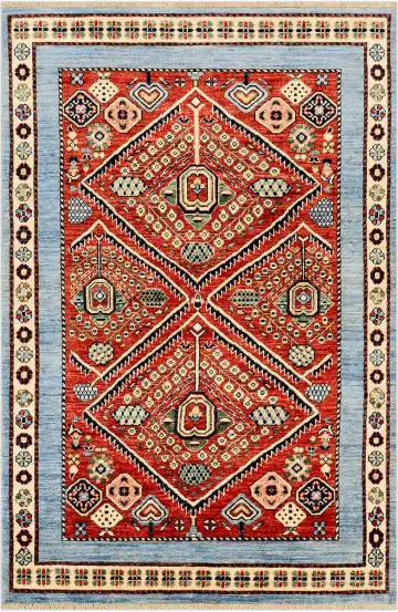 Ковёр Казах 3931 — красный и оранжевый, геометрический рисунок