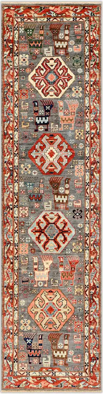 Ковёр Казах 3933 — серый и красный, с медальоном