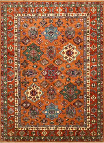 Ковёр Казах 4065 — оранжевый и зелёный, геометрический рисунок