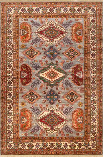 Ковёр Казах 4085 — серый и красный, геометрический рисунок
