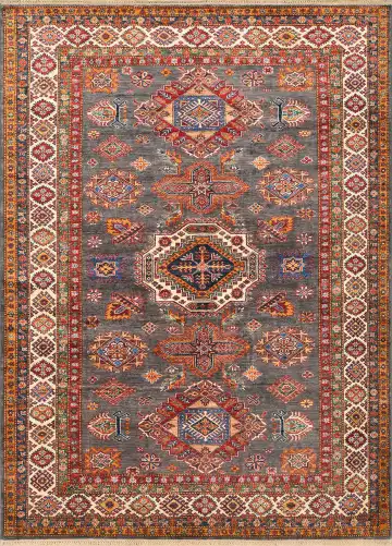 Ковёр Казах 4086 — серый и красный, геометрический рисунок