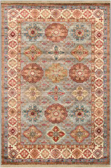 Ковёр Казах 4435 — серый и красный, с медальоном
