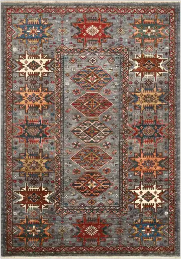Ковёр Казах 4774 — серый и красный, геометрический рисунок