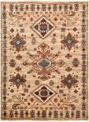 Ковёр Казах 4855 — кремовый и коричневый, с медальоном