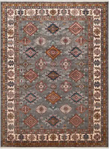Ковёр Казах 4878 — голубой и красный, с медальоном