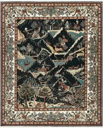 Индийский ковёр 5257 — чёрный и кремовый, сюжетный рисунок