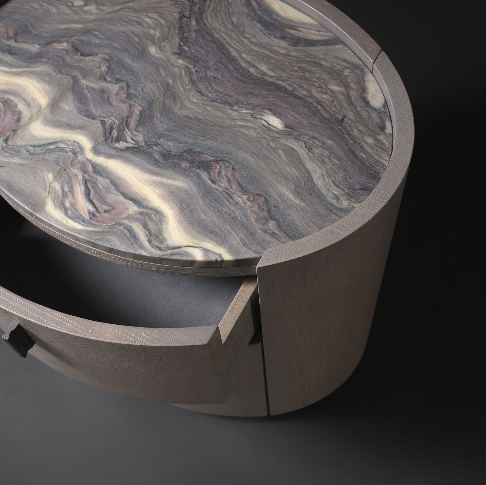 Тумба Oval Oak Bedside Tables With “Explosion Blue” Marble And Alcantara — FMF, кадр 3